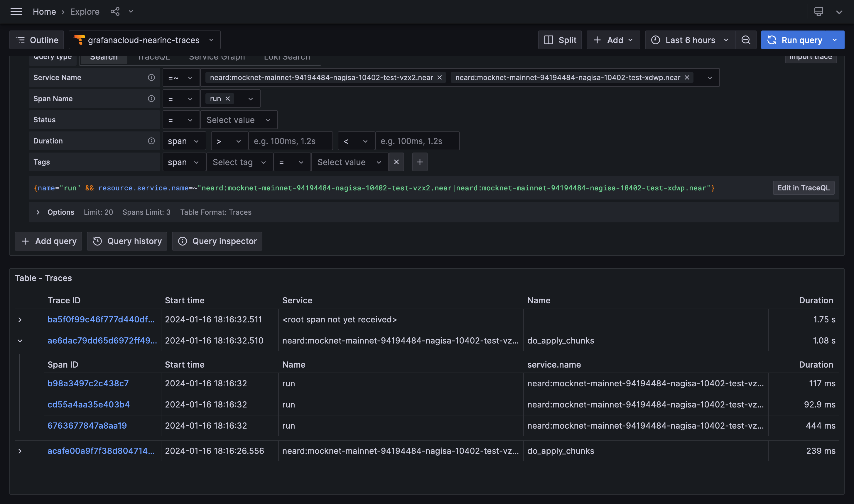 Image displaying the Grafana explore page interacting with the grafana-nearinc-traces data source, with Service Name filter set to =~"neard:mocknet-mainnet-94194484-nagisa-10402-test-vzx2.near|neard:mocknet-mainnet-94194484-nagisa-10402-test-xdwp.near" and showing some traces having been found